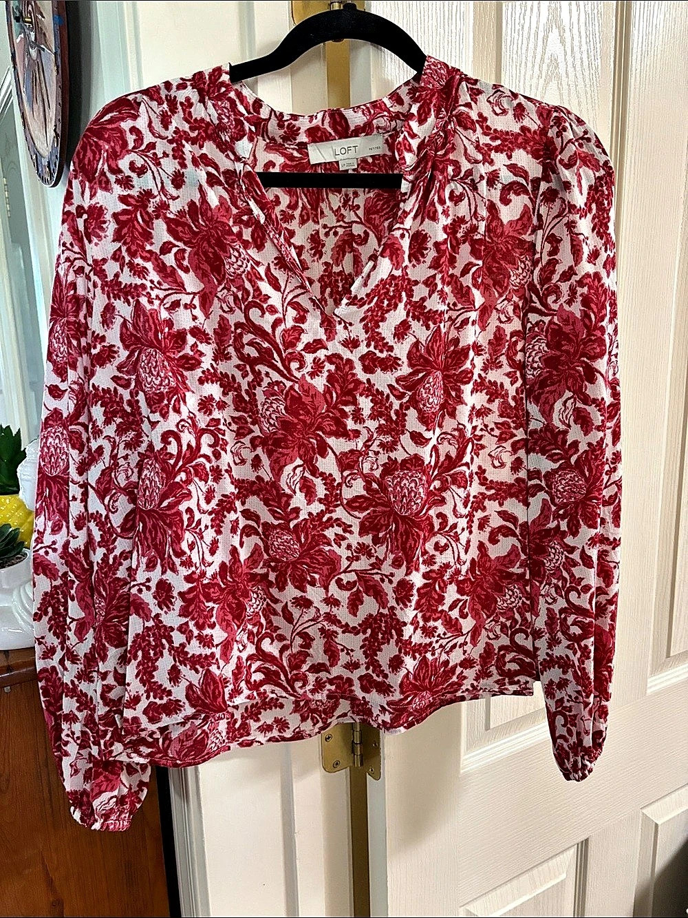 LOFT Floral Long Sleeve Blouse Red & White Large Petite
